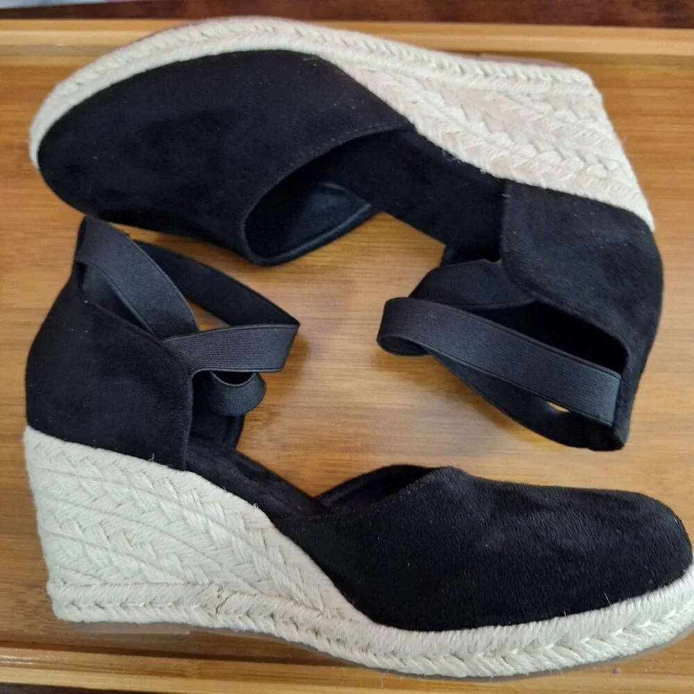 Faux Suede Black Natural Wedge Closed Toe Espadrilles Ankle Straps Size 39 EU - Picture 2 of 15